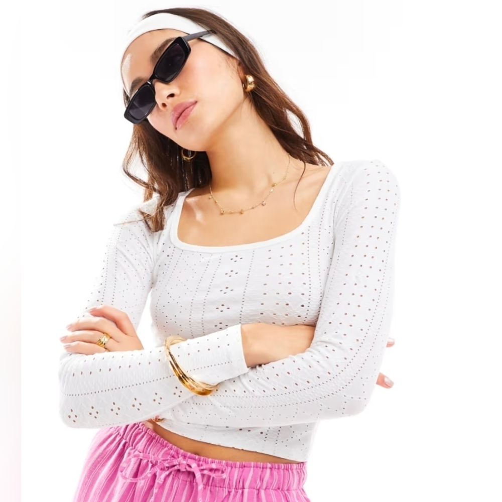 Hollister White Eyelet Long Sleeve Top
